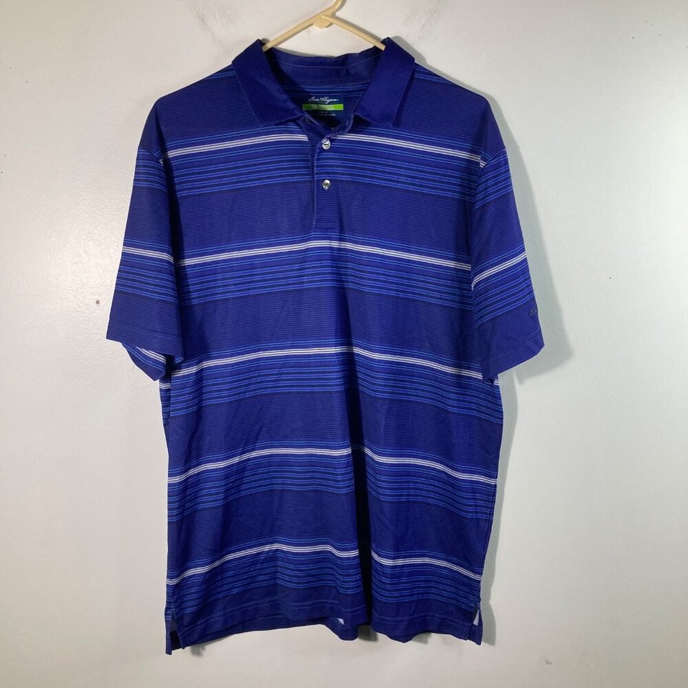 Mens Ben Hogan Performance Golf Polo Striped Blue White L Polyester Short Sleeve